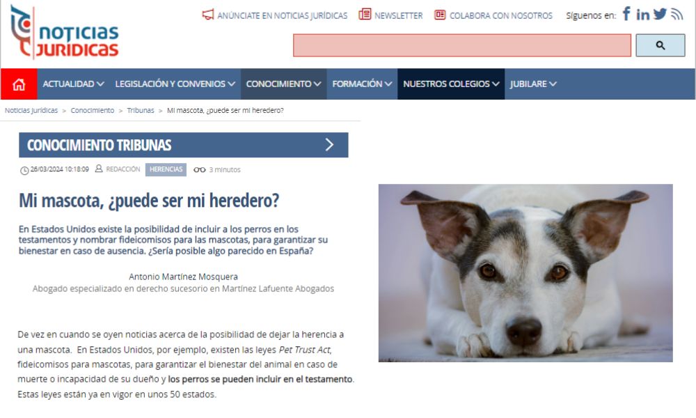 Captura del artículo sobre "Mi mascota, ¿puede ser mi heredero", escrito por Antonio Martínez Mosquera para Noticias Jurídicas